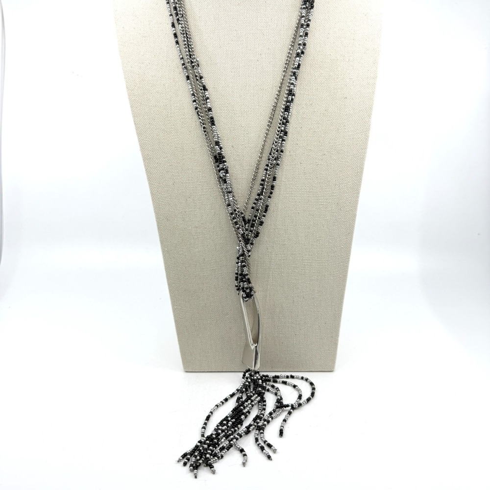 Chunky Multi-Strand Black Silver Tone Bead Statement Necklace